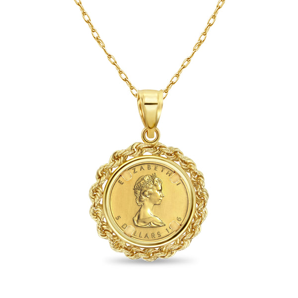 1/10OZ Fine Gold Canadian Maple Leaf Coin Necklace with Rope Bezel