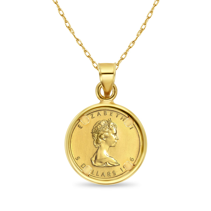1/10OZ Fine Gold Canadian Maple Leaf Coin Necklace with Polished Bezel