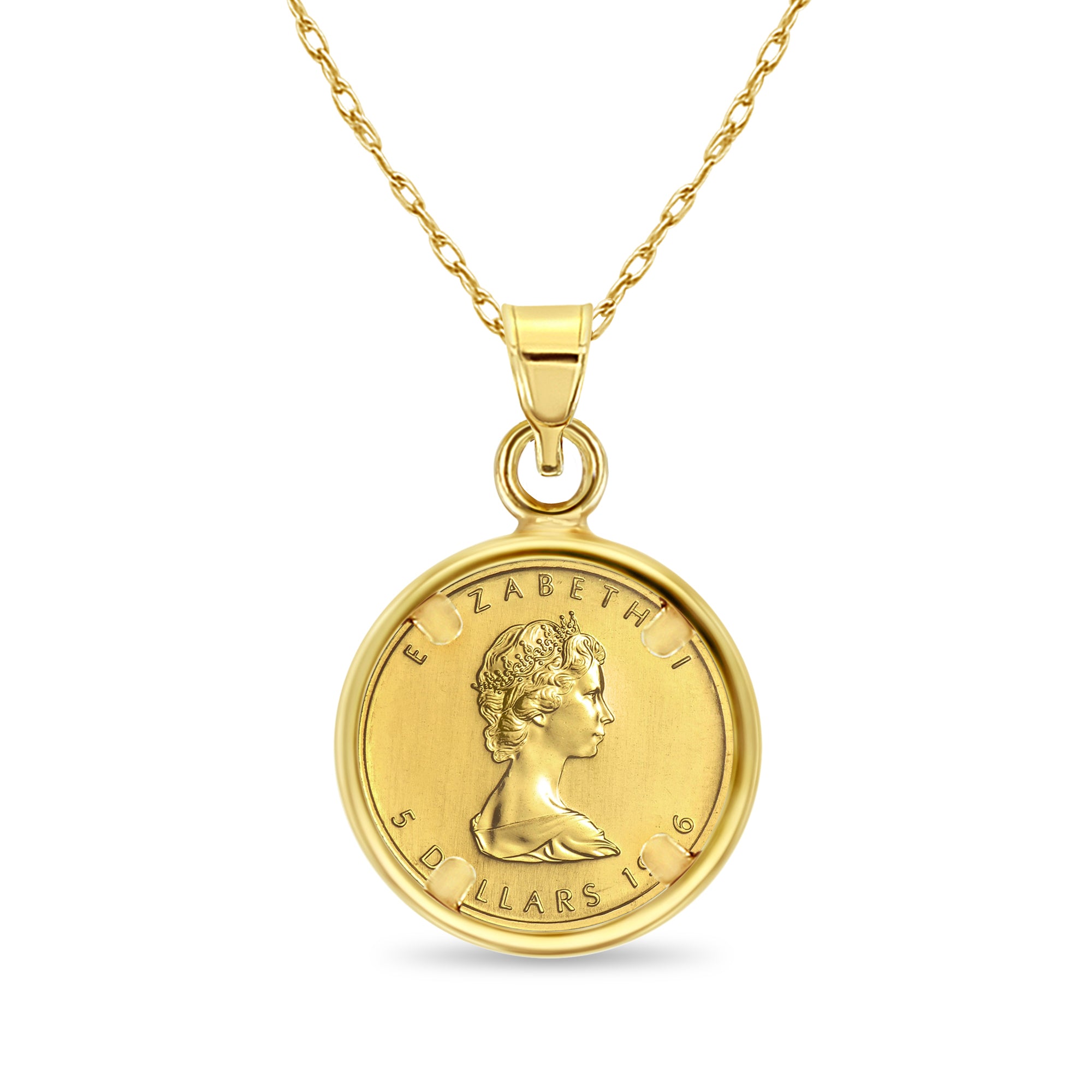 1/10OZ Fine Gold Canadian Maple Leaf Coin Necklace with Polished Bezel