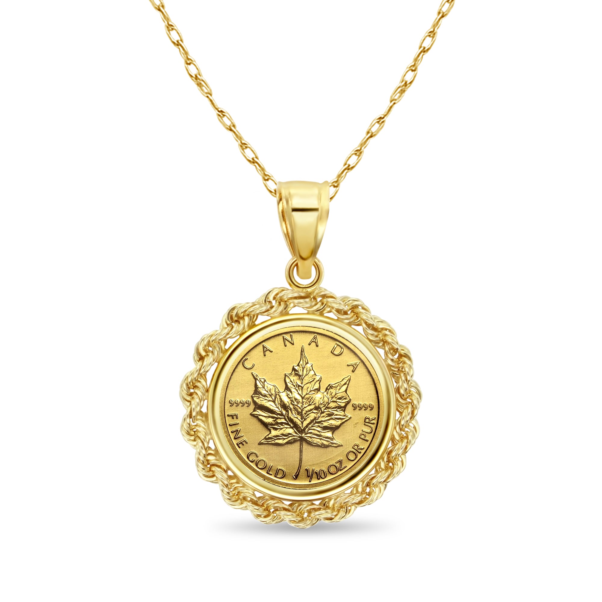 Collier en or fin 1/10 oz avec pièce de monnaie en feuille d'érable canadienne et lunette en corde