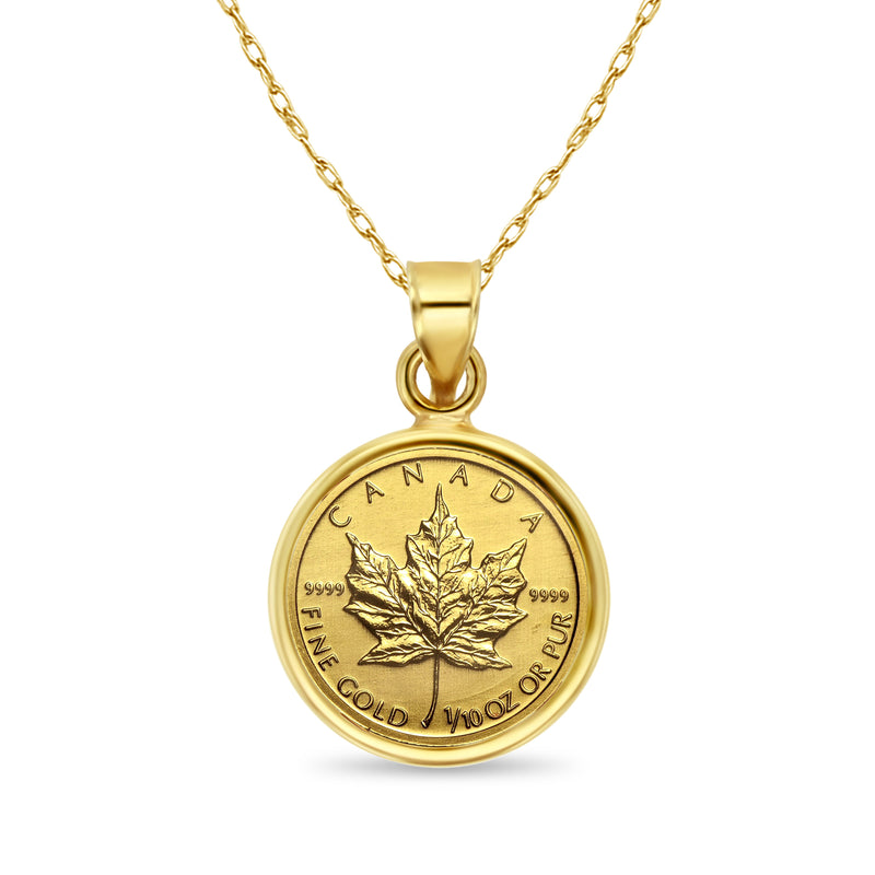 1/10OZ Fine Gold Canadian Maple Leaf Coin Necklace with Polished Bezel