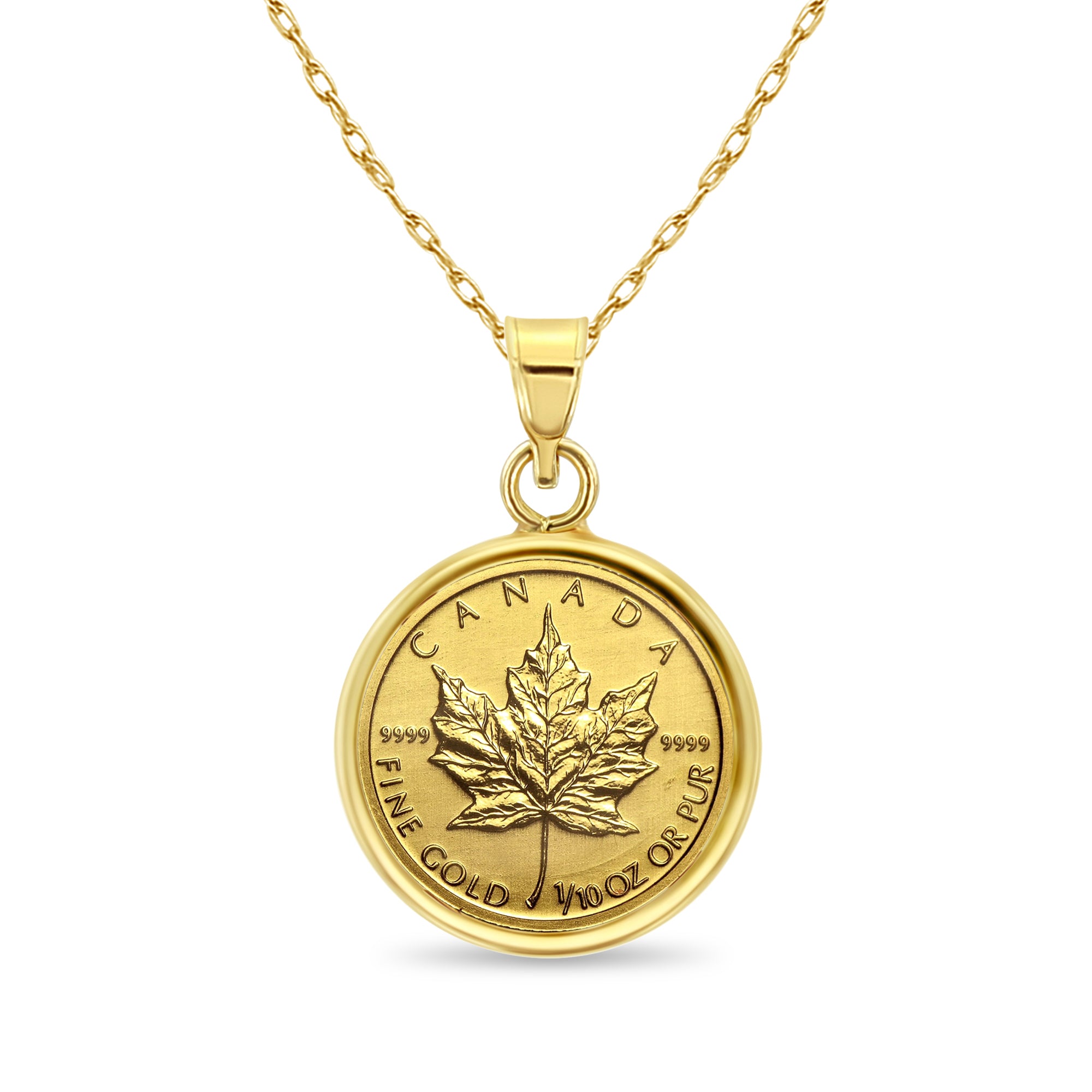 Collar con moneda de hoja de arce canadiense de oro fino de 1/10 oz con bisel pulido