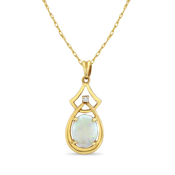 Large Oval Opal Necklace with Diamond Accent 14k Yellow Gold