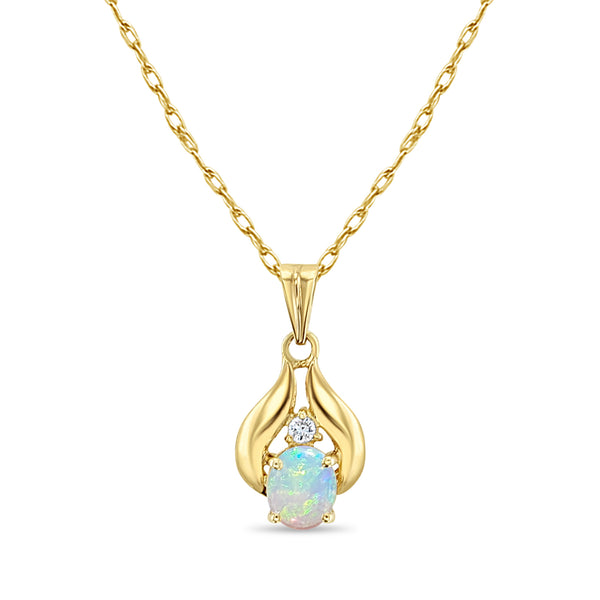 Oval Opal Necklace with Diamond Accents 14k Yellow Gold