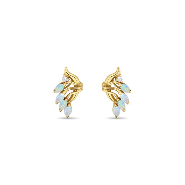 Marquise Opal Wing Style Studs with Diamond Accent 14k Yellow Gold