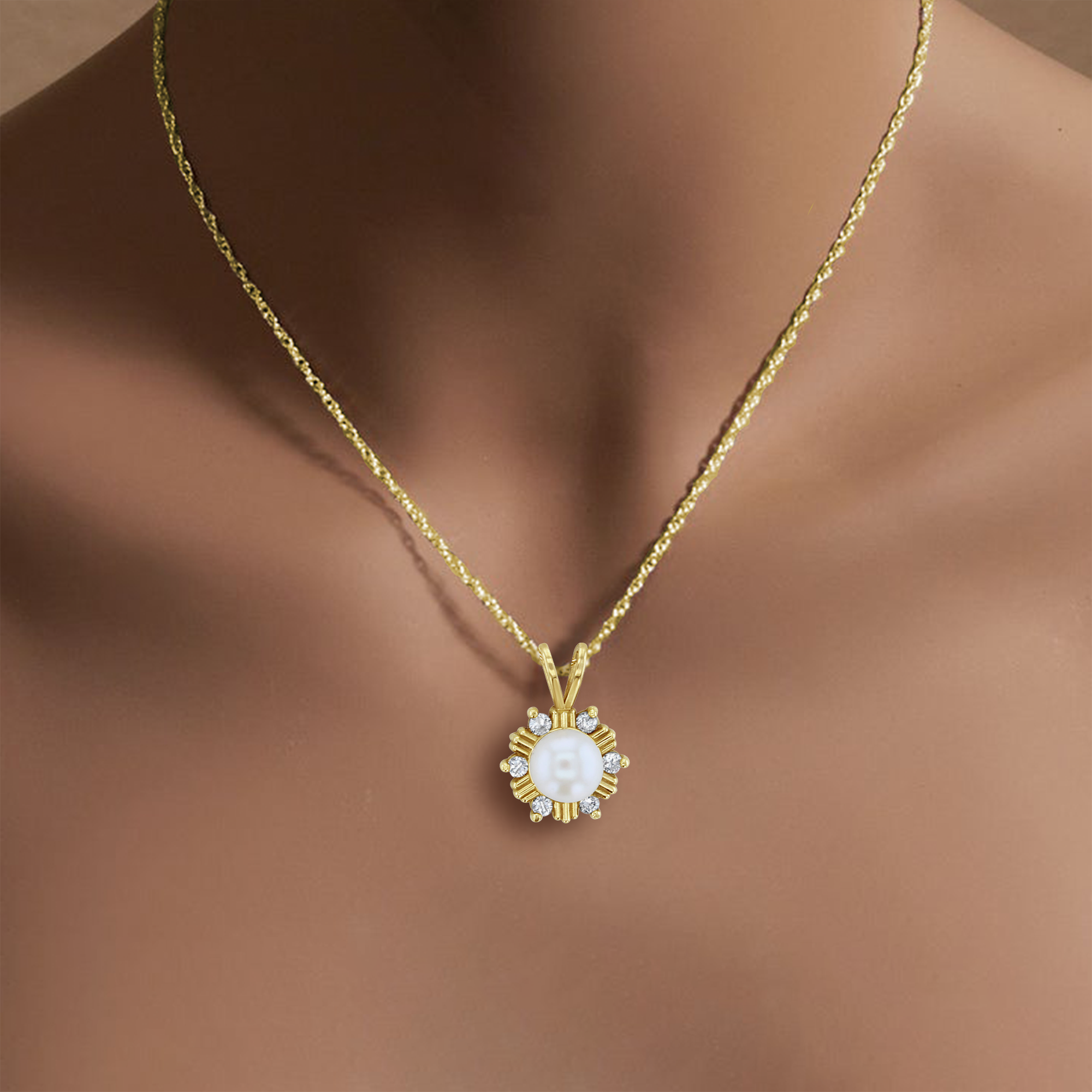 Pearl Center with Diamond Accent Starburst Necklace 14k Yellow Gold