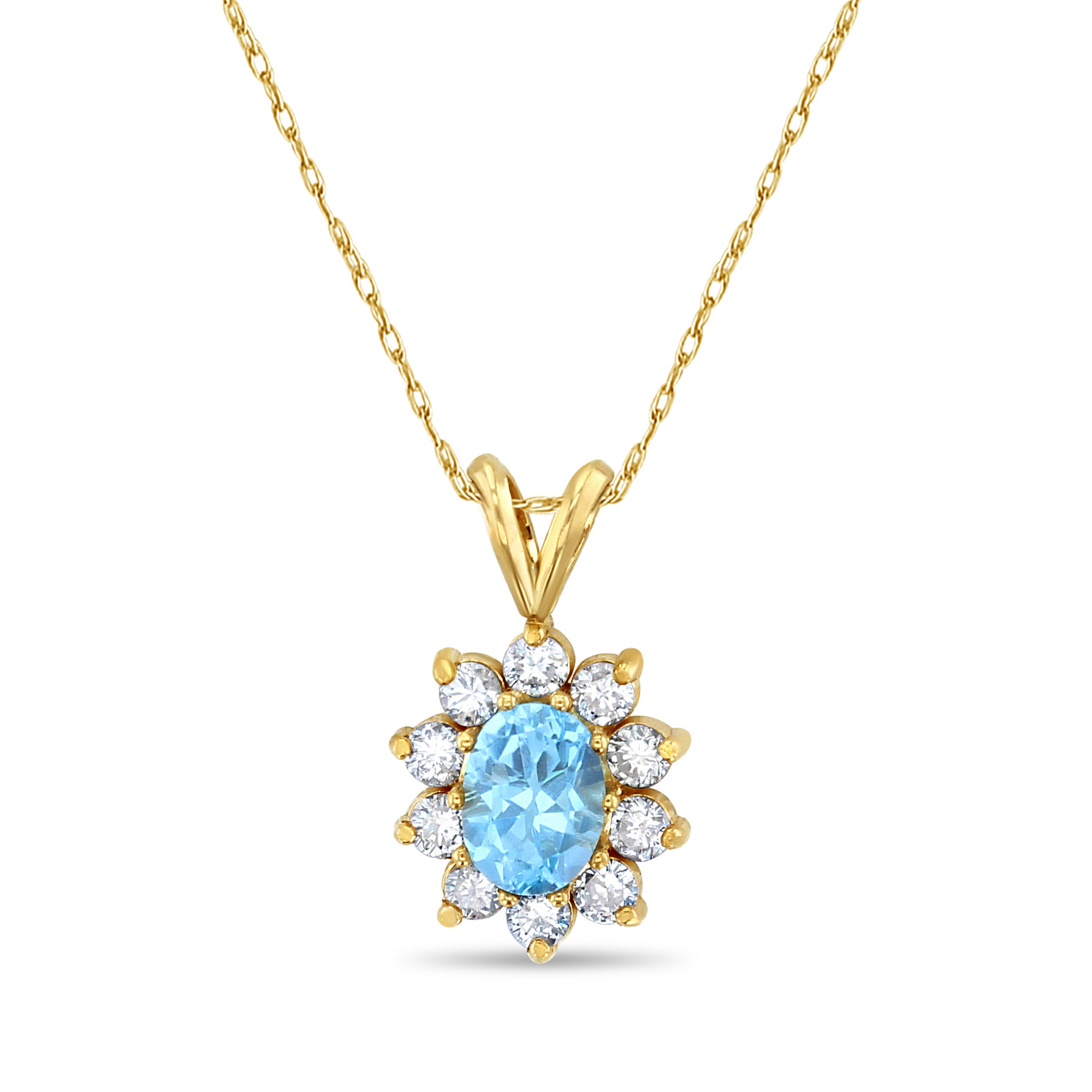 Collier halo de diamants en topaze bleue ovale 1,75 ct en or jaune 14 carats