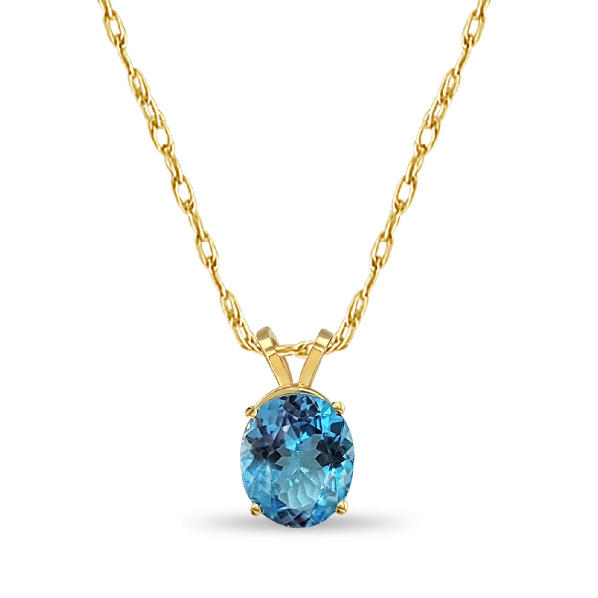 Collier solitaire en or jaune 14 carats avec topaze bleue