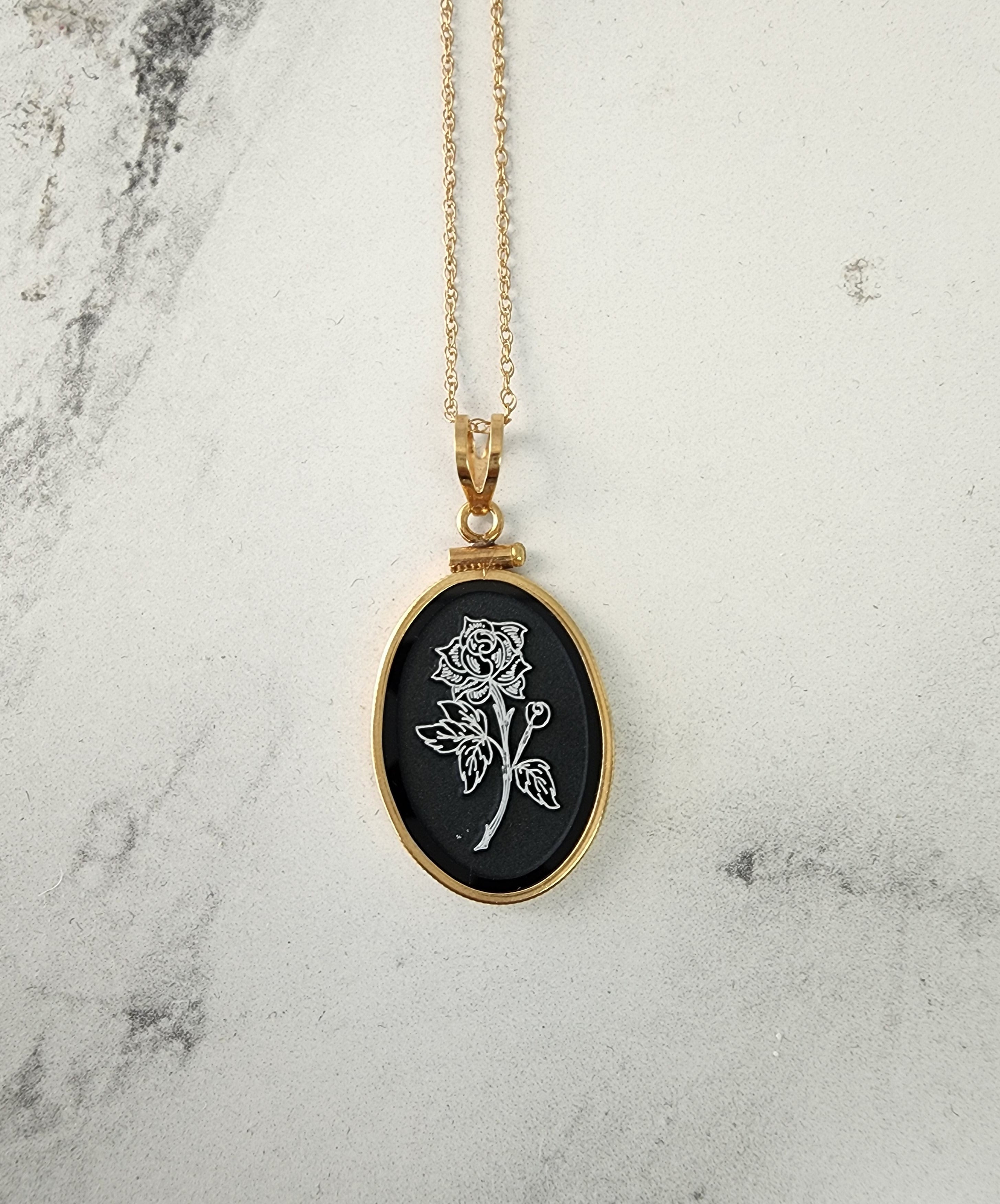 Etched Flower Rose in Onyx Frame Necklace