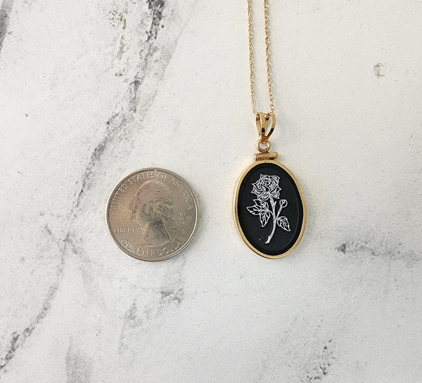 Etched Flower Rose in Onyx Frame Necklace