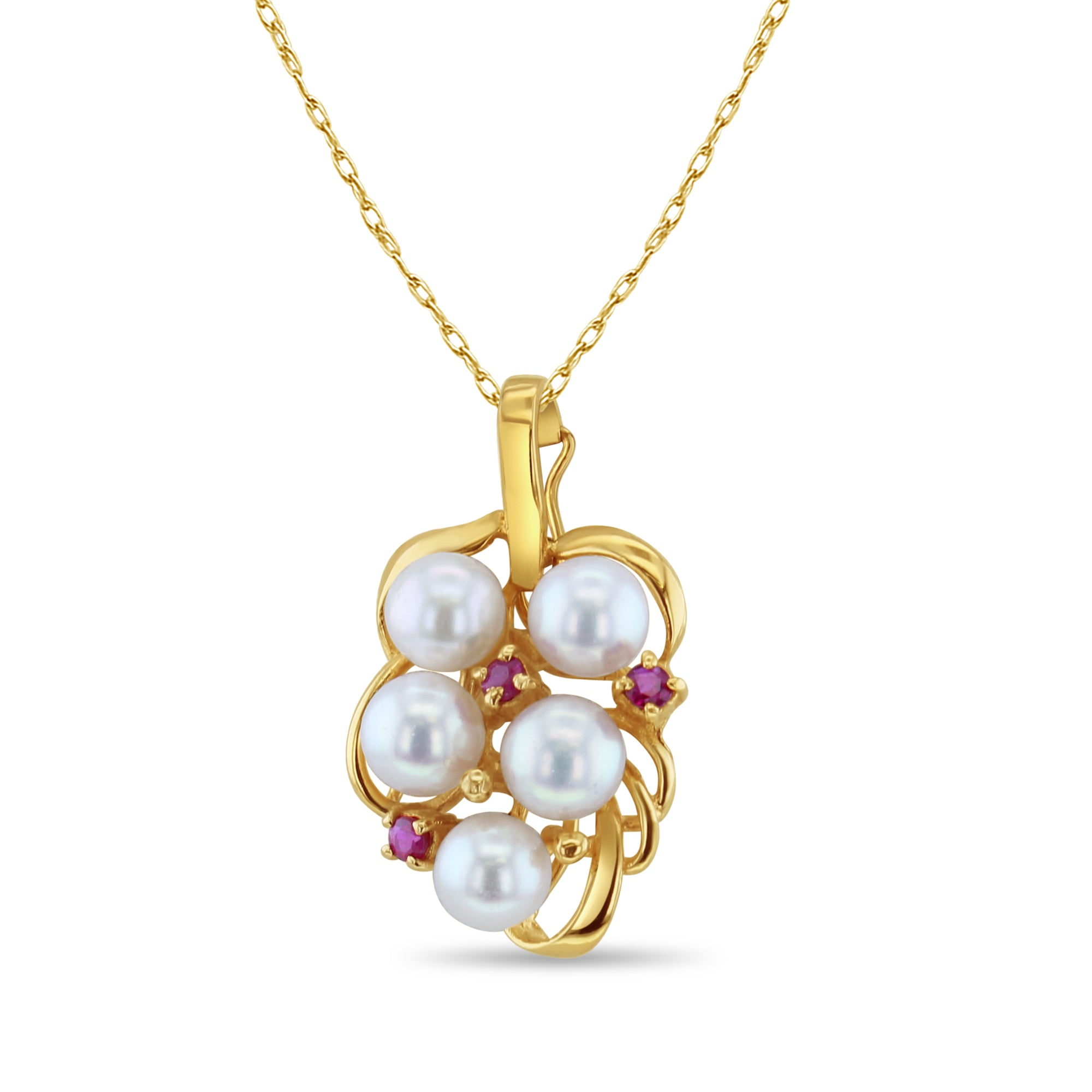 Collier en grappe de raisin avec perles d'eau douce et accents de rubis en or jaune 14 carats