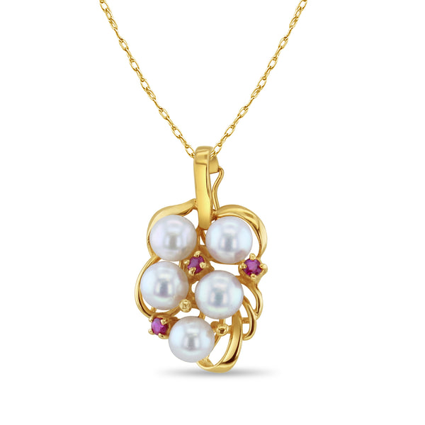 Freshwater Pearl Grape Cluster Necklace with Ruby Accents 14k Yellow Gold