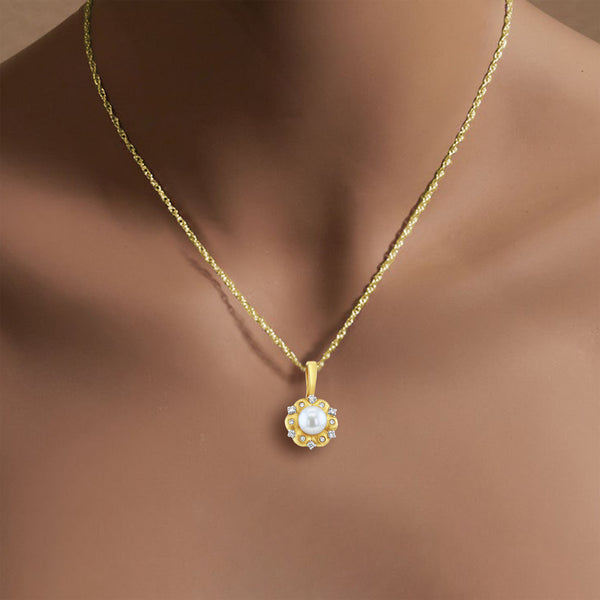 Flower Shaped Pearl Pendant with Diamond Accent & Matte Finish