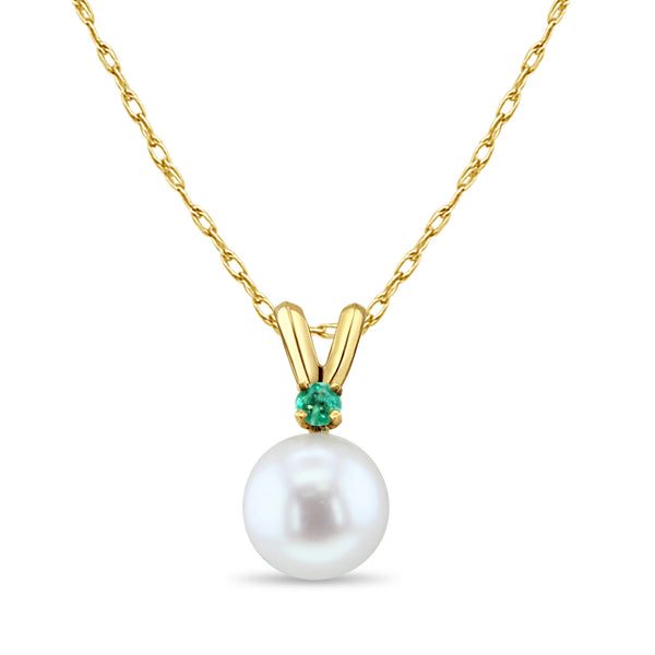 Solitaire Pearl Necklace with Emerald Accent 14k Yellow Gold