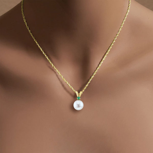 Solitaire Pearl Necklace with Emerald Accent 14k Yellow Gold
