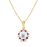 Freshwater Pearl with Diamond & Ruby Halo Necklace 14k Yellow Gold