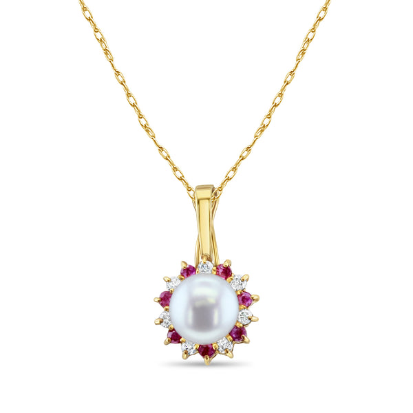 Freshwater Pearl with Diamond & Ruby Halo Necklace 14k Yellow Gold