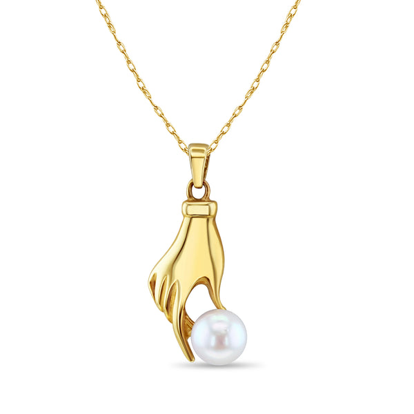 Pearl Mudra Hand Necklace 14k Yellow Gold