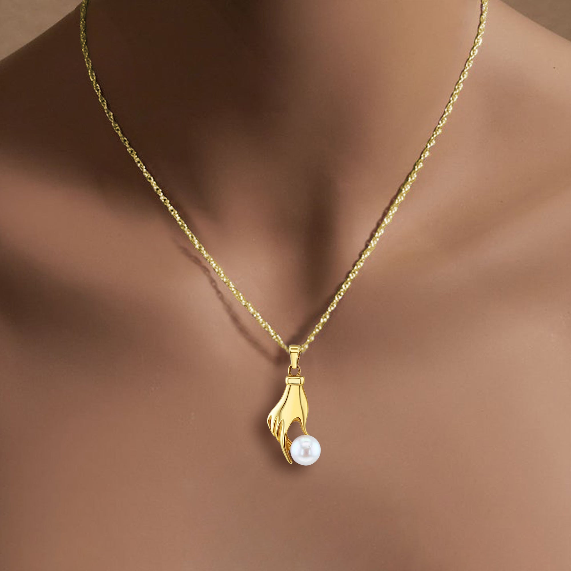 Pearl Mudra Hand Necklace 14k Yellow Gold