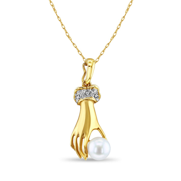 Pearl & Pave Diamond Accented Mudra Hand Necklace