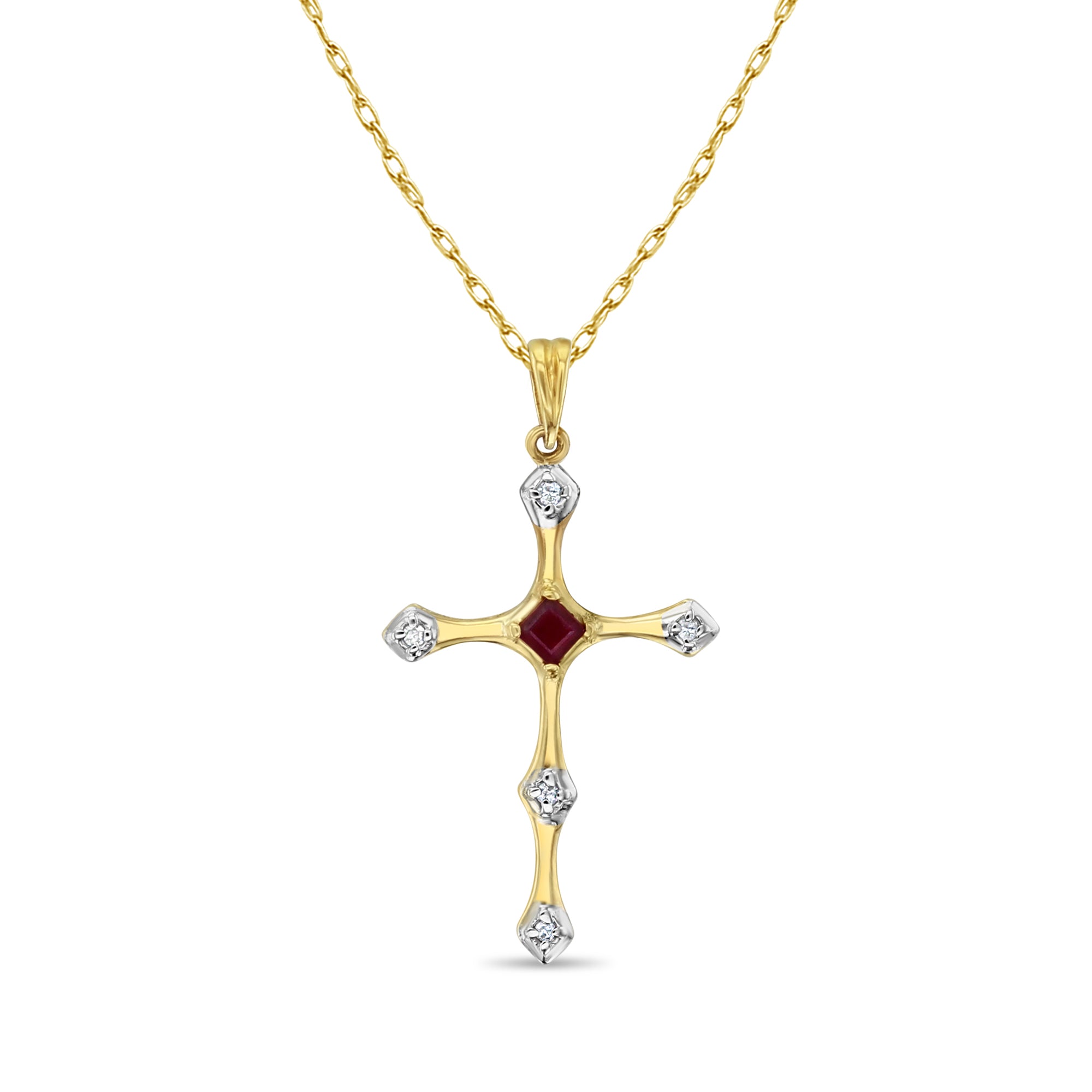 Cruz de oro con diamantes y rubíes en oro amarillo de 14 k