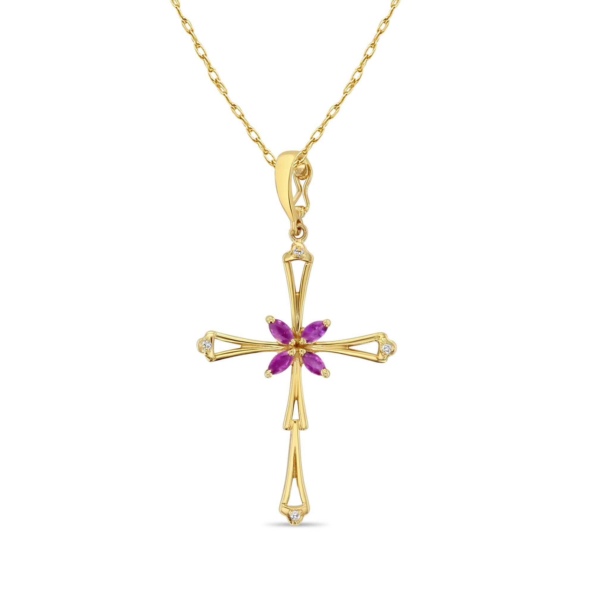 Cruz de rubí marquesa vintage con detalles de diamantes en oro amarillo de 14 k