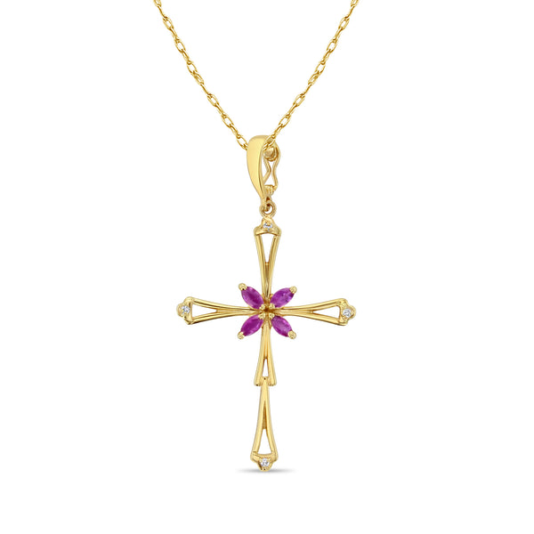 Vintage Marquise Ruby Cross with Diamond accents 14k Yellow Gold