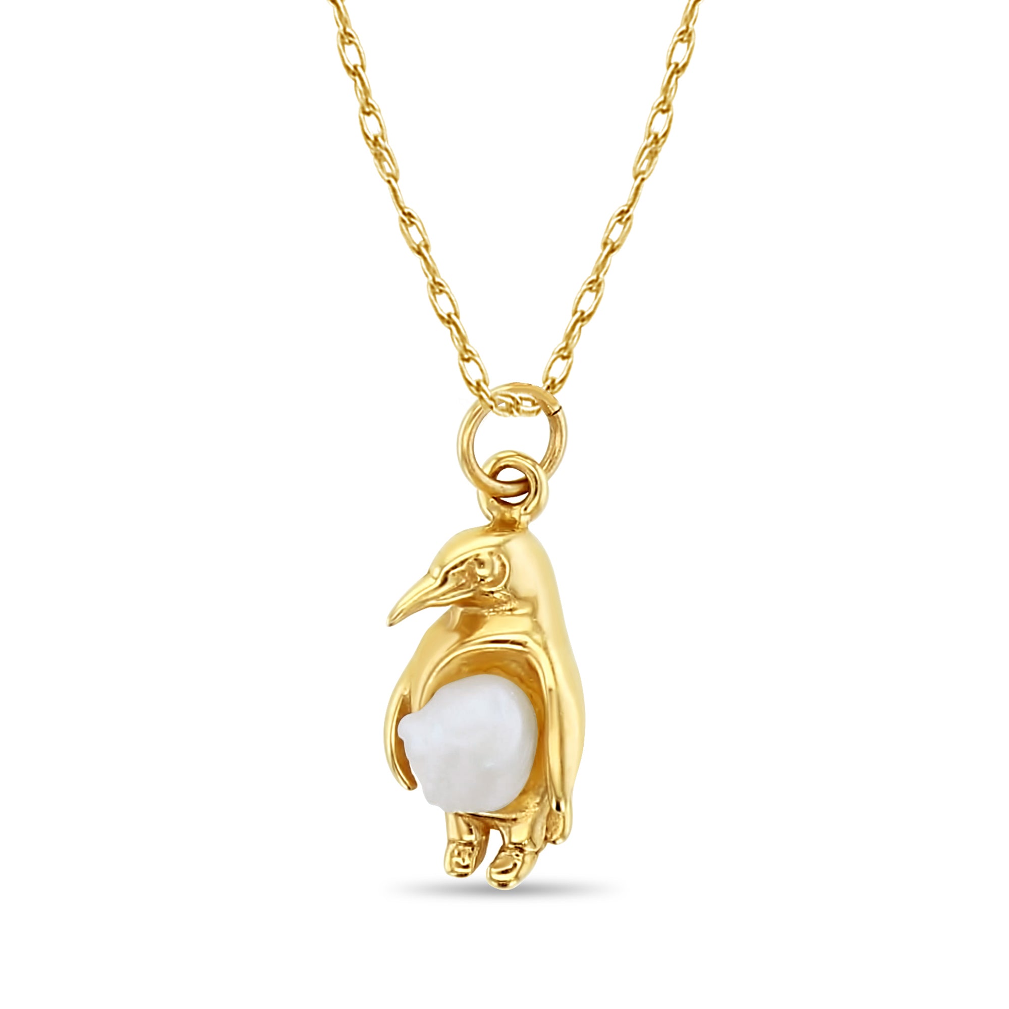 Penguin Necklace with Rice Pearl Center 14k Yellow Gold