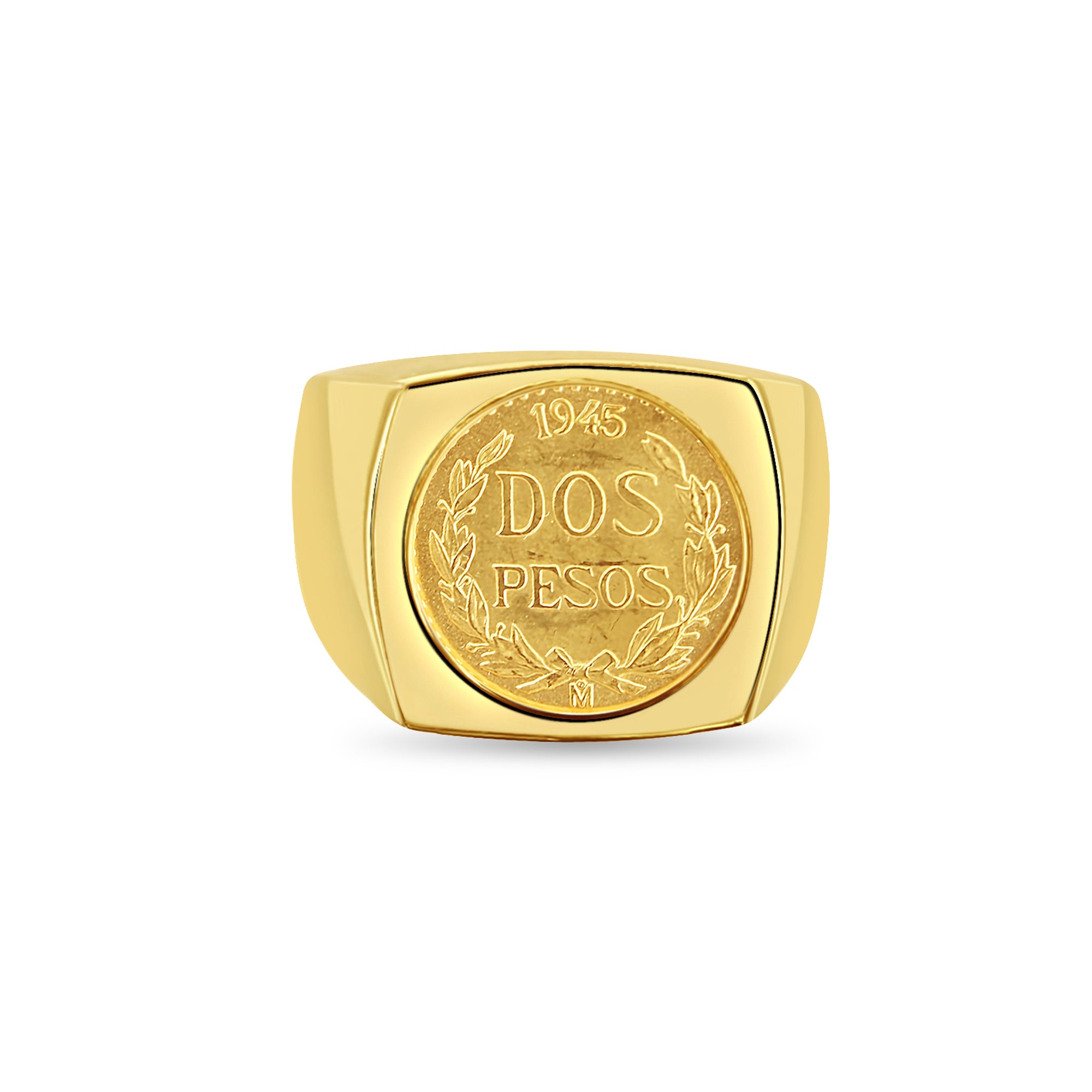 Bague en or jaune 14 carats avec lunette polie et pièce d'or Dos Pesos