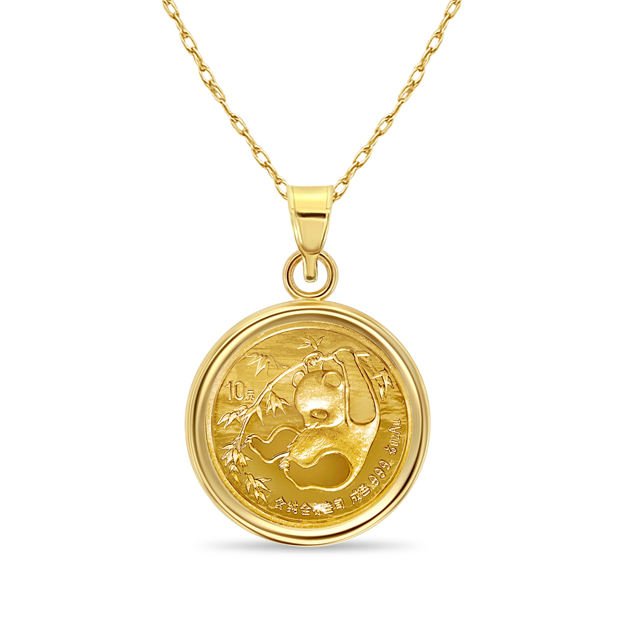 Collar con bisel de moneda de oro de panda chino de 1/10 oz en oro amarillo de 14 k