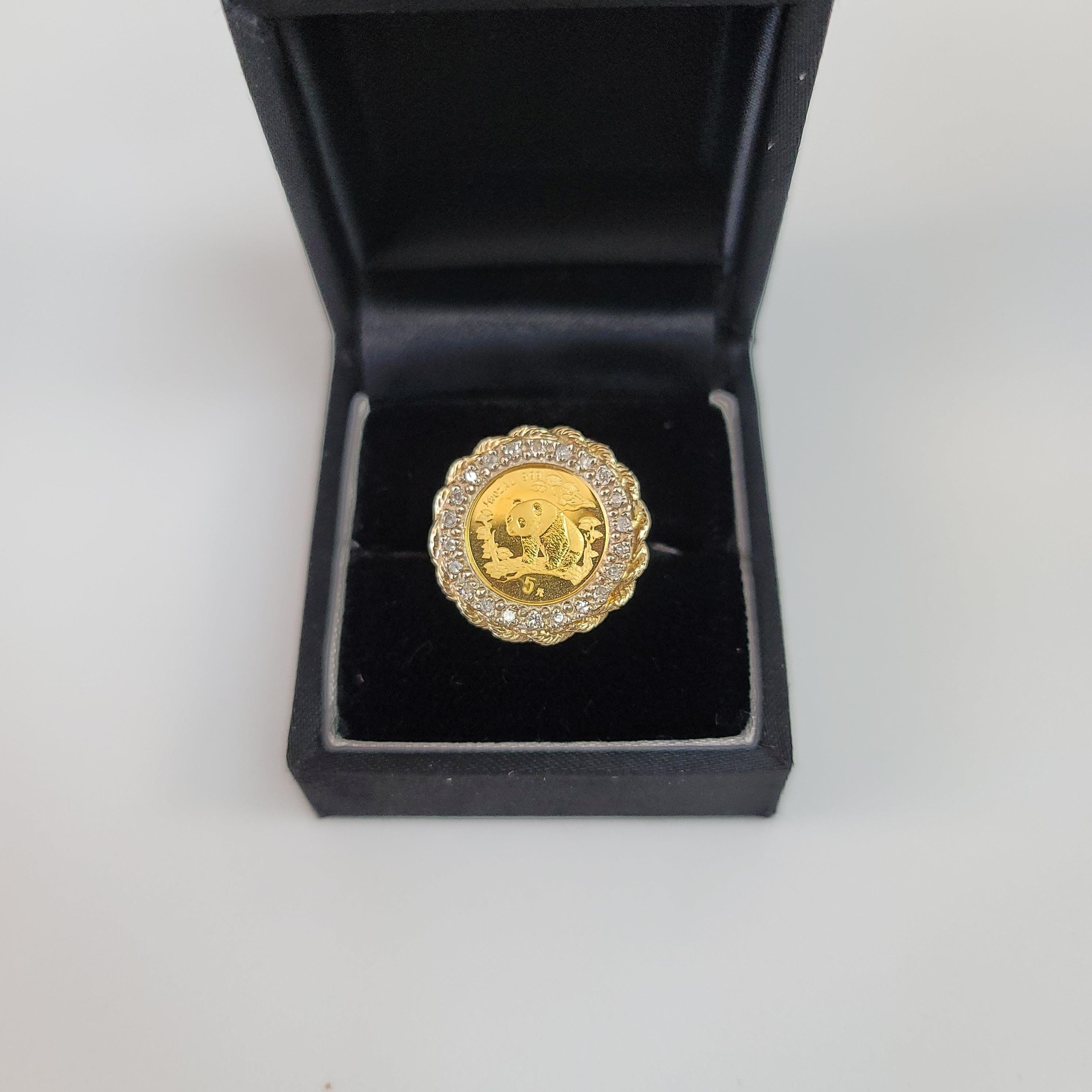 Panda .999 Gold Diamond Halo Ring with Rope Bezel 14k Yellow Gold