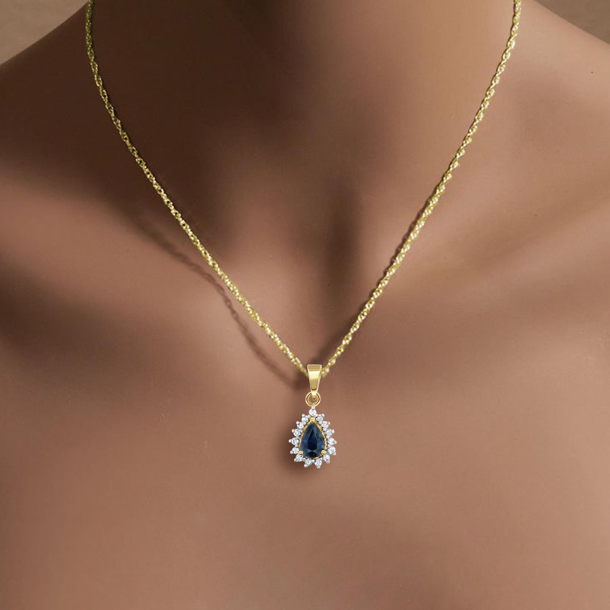 Pear Shaped Sapphire with Diamond Halo Necklace 14k Yellow Gold