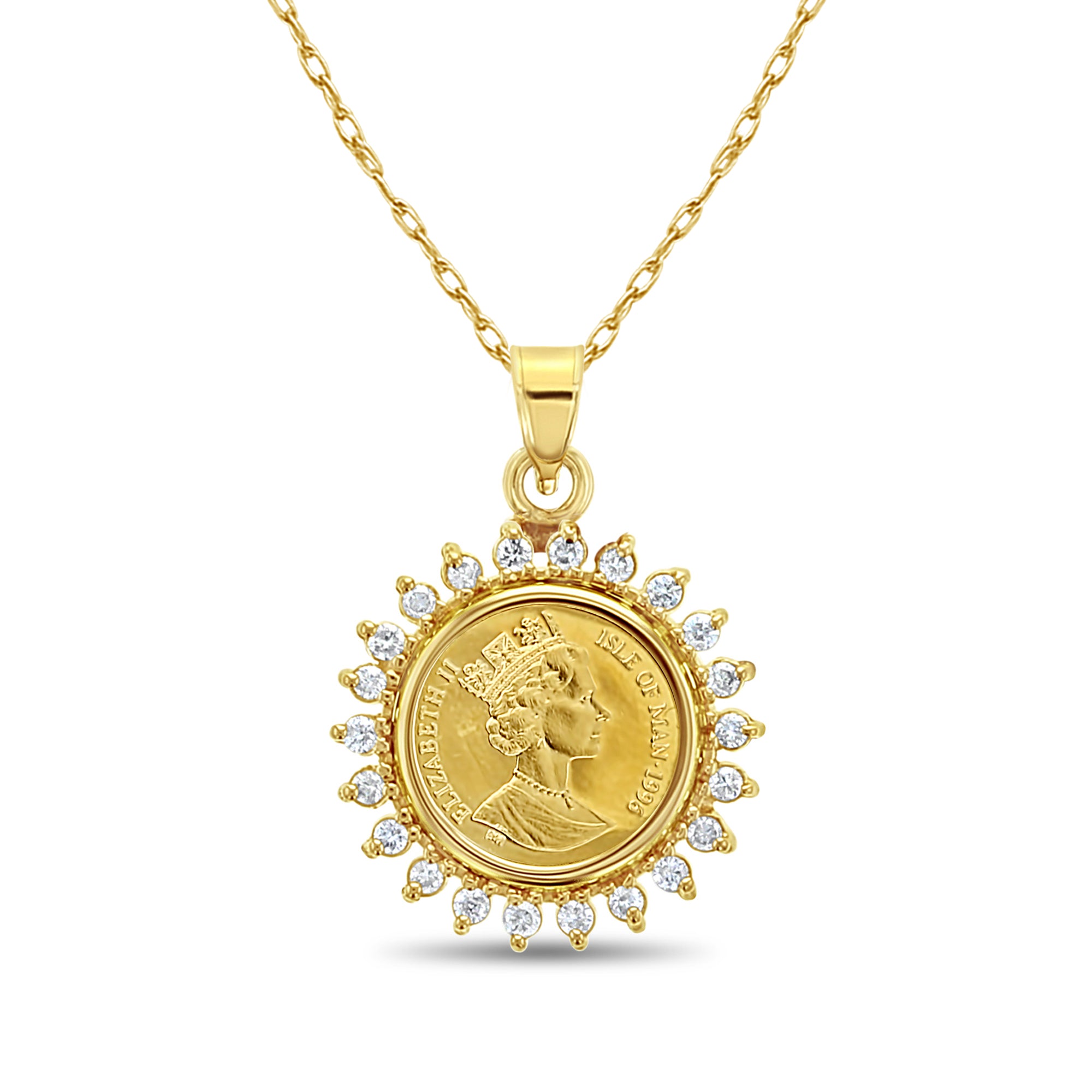 Collar con moneda de oro de la Isla de Man de la reina Isabel y halo de diamantes