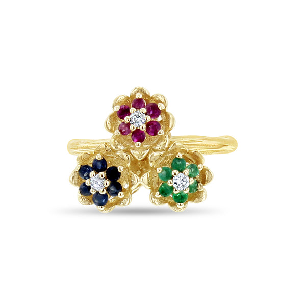 Sapphire, Emerald, Ruby Tulip Flower Ring 14k Yellow Gold