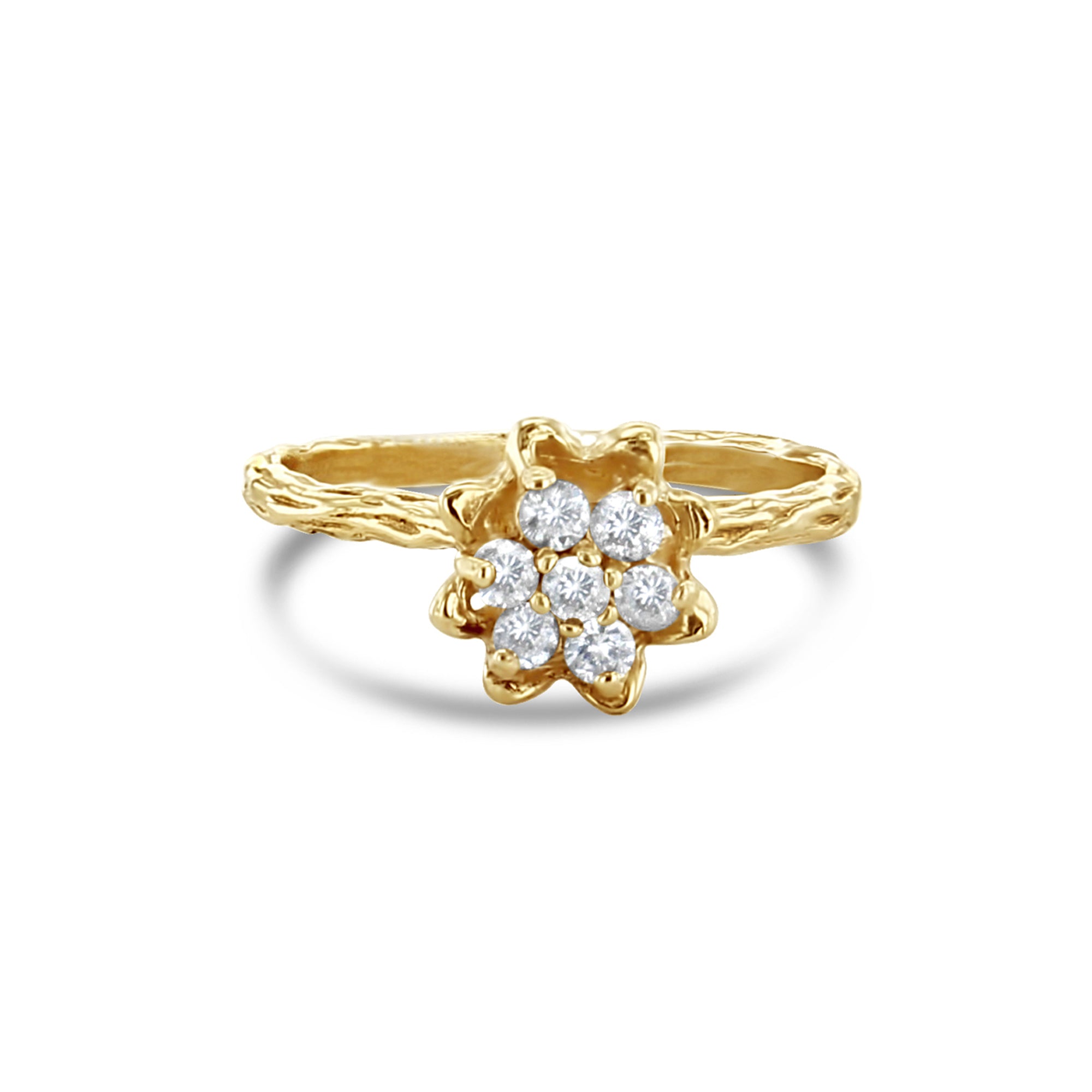 Diamond Tulip Ring with Bark Textured Band 14k Yellow Gold