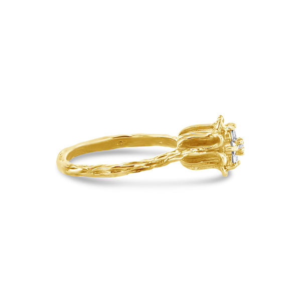 Diamond Tulip Ring with Bark Textured Band 14k Yellow Gold