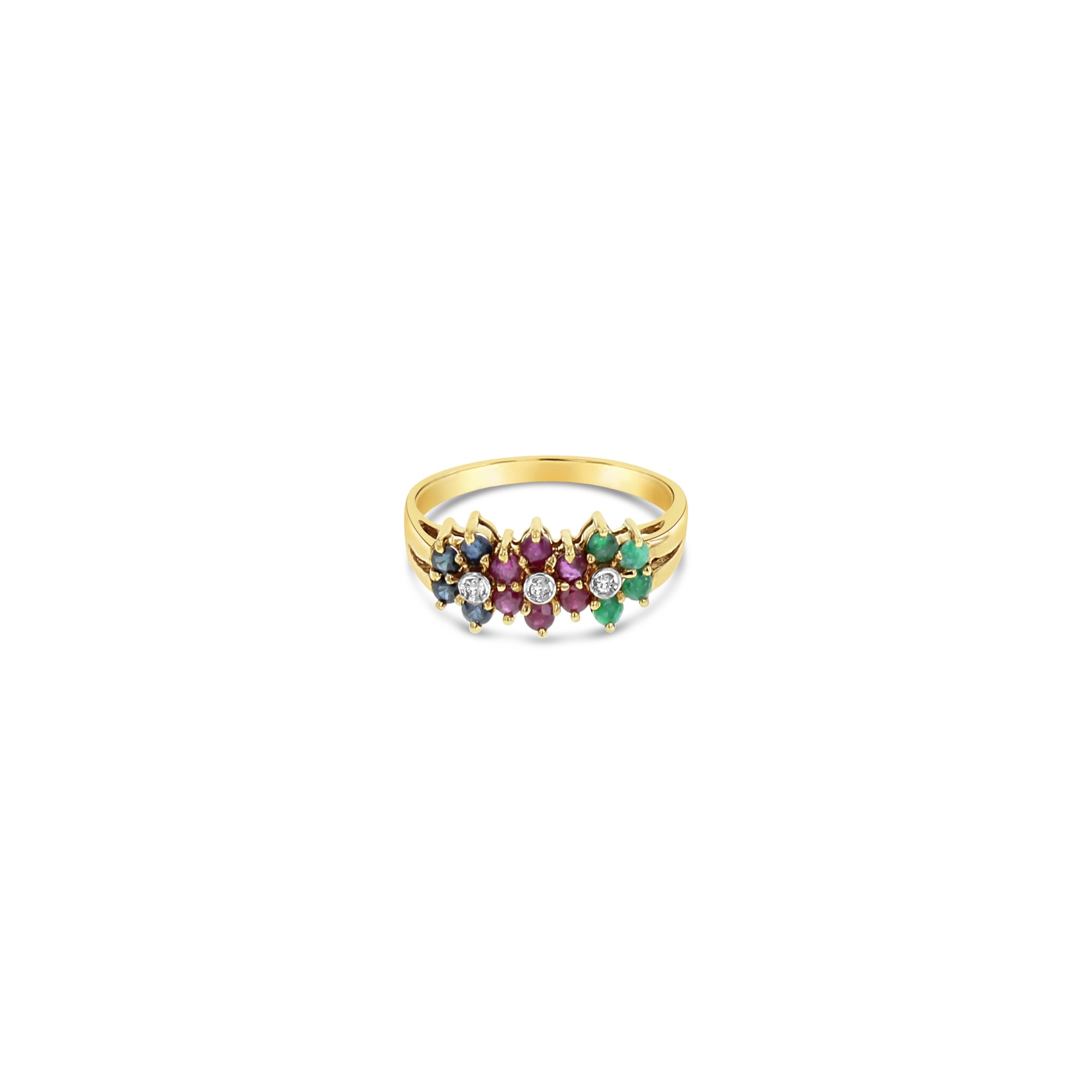 Anillo en forma de flor de rubí, zafiro y esmeralda en oro amarillo de 14 k