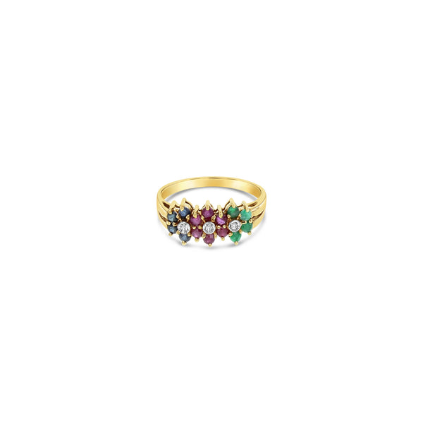 Ruby, Sapphire, Emerald Flower Shaped Ring 14k Yellow Gold
