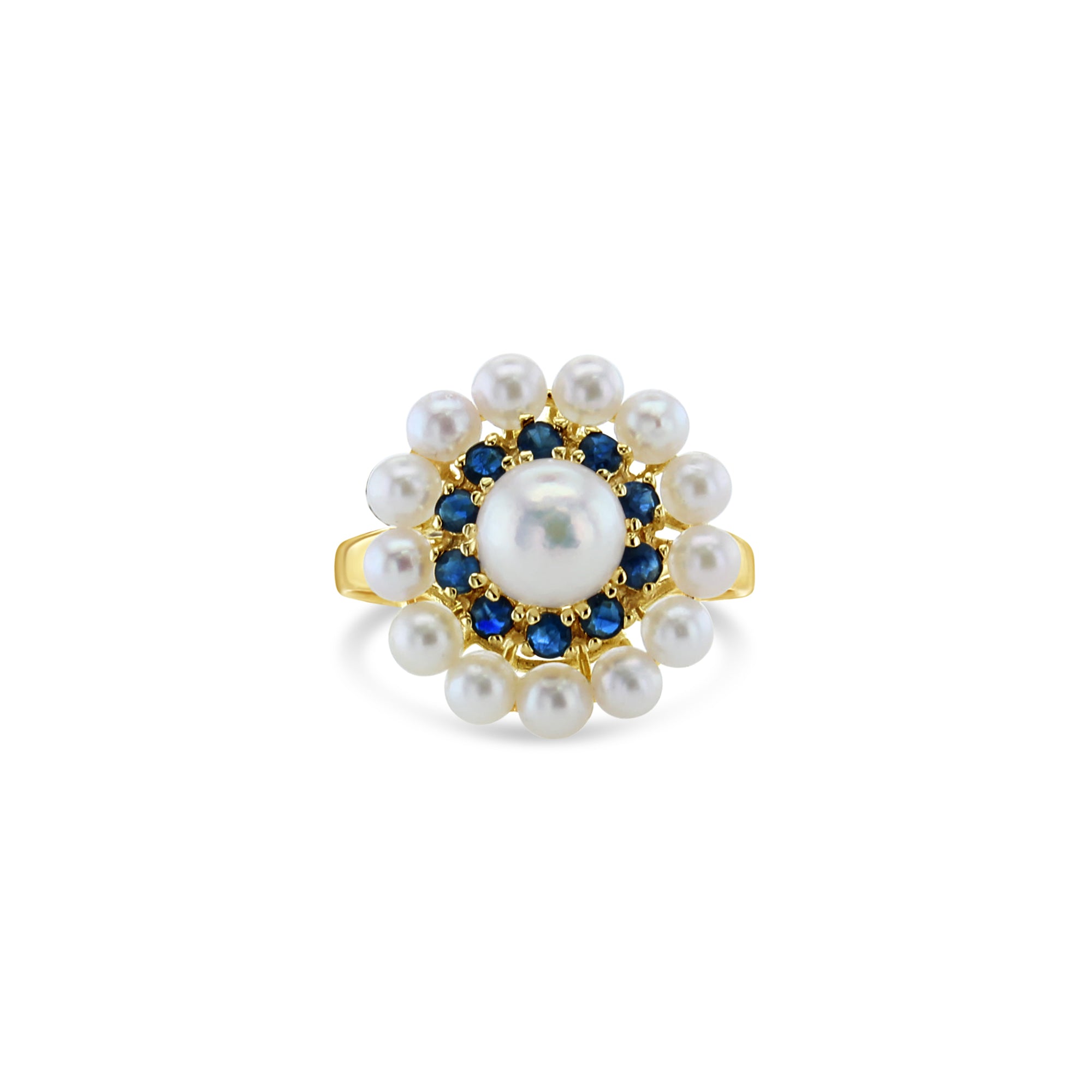 Sapphire & Pearl Double Halo Ring 14k Yellow Gold