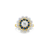 Sapphire & Pearl Double Halo Ring 14k Yellow Gold