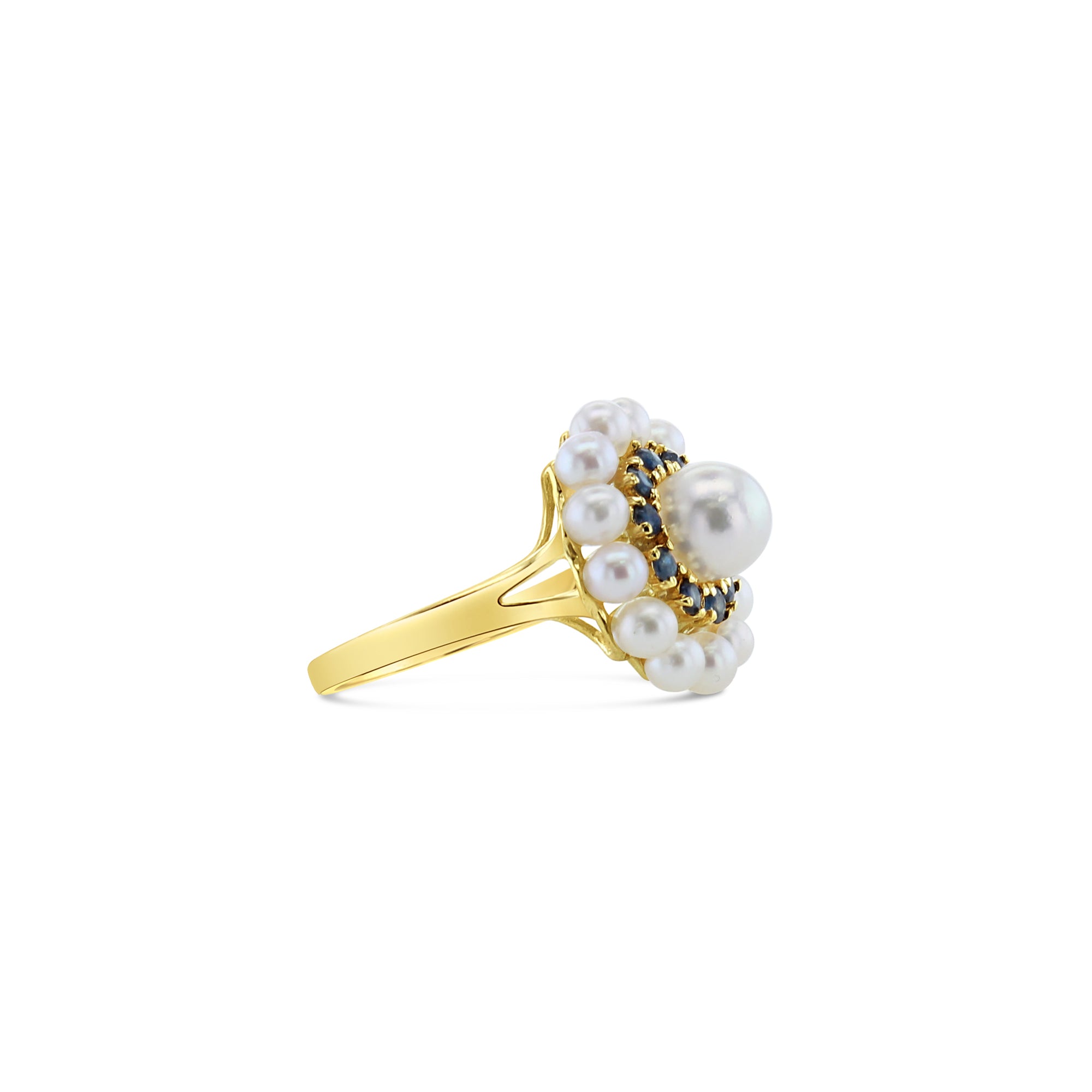 Sapphire & Pearl Double Halo Ring 14k Yellow Gold