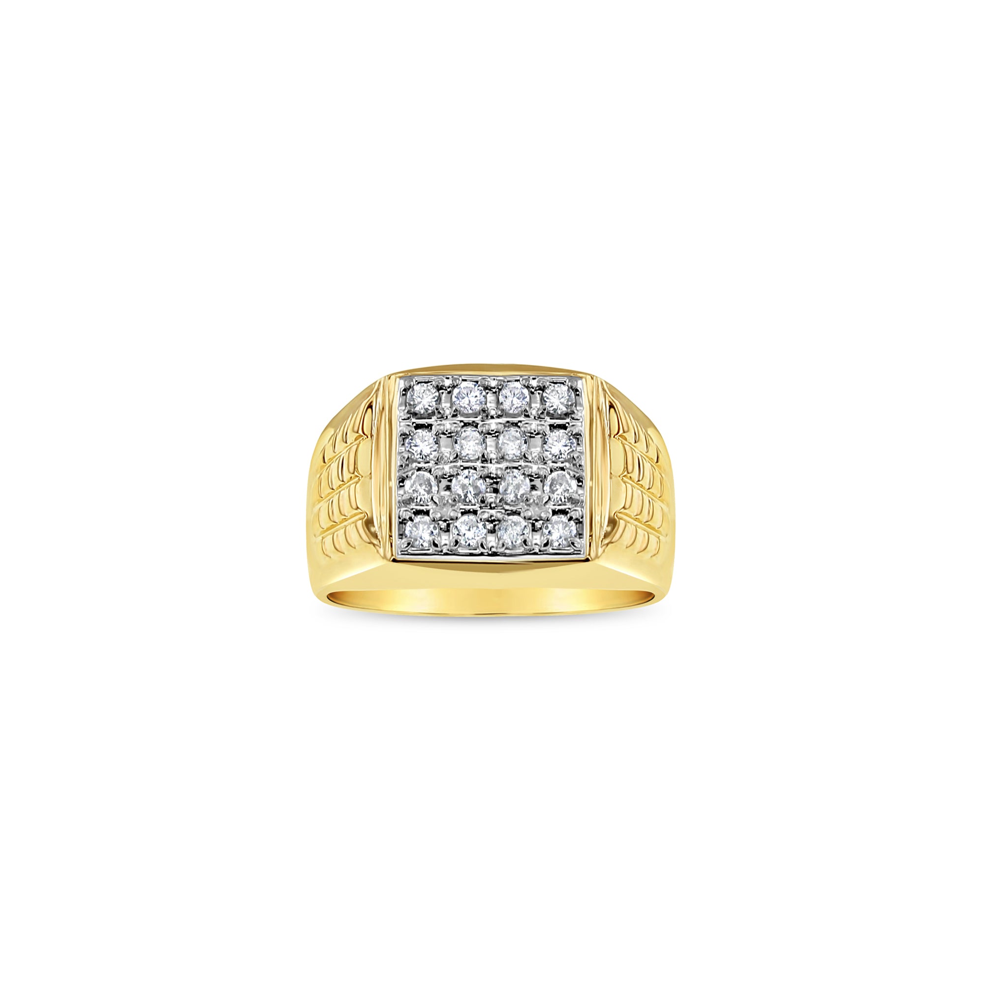 Sixteen Stone Square Faced Diamond Cluster Ring with Brick Patterned Band