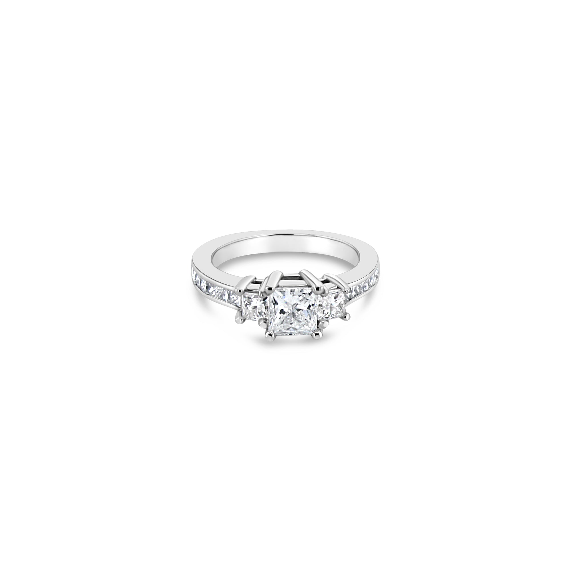 Princess Cut Three-Stone Diamond Ring with Diamond Accents 1.31cttw 14k White Gold