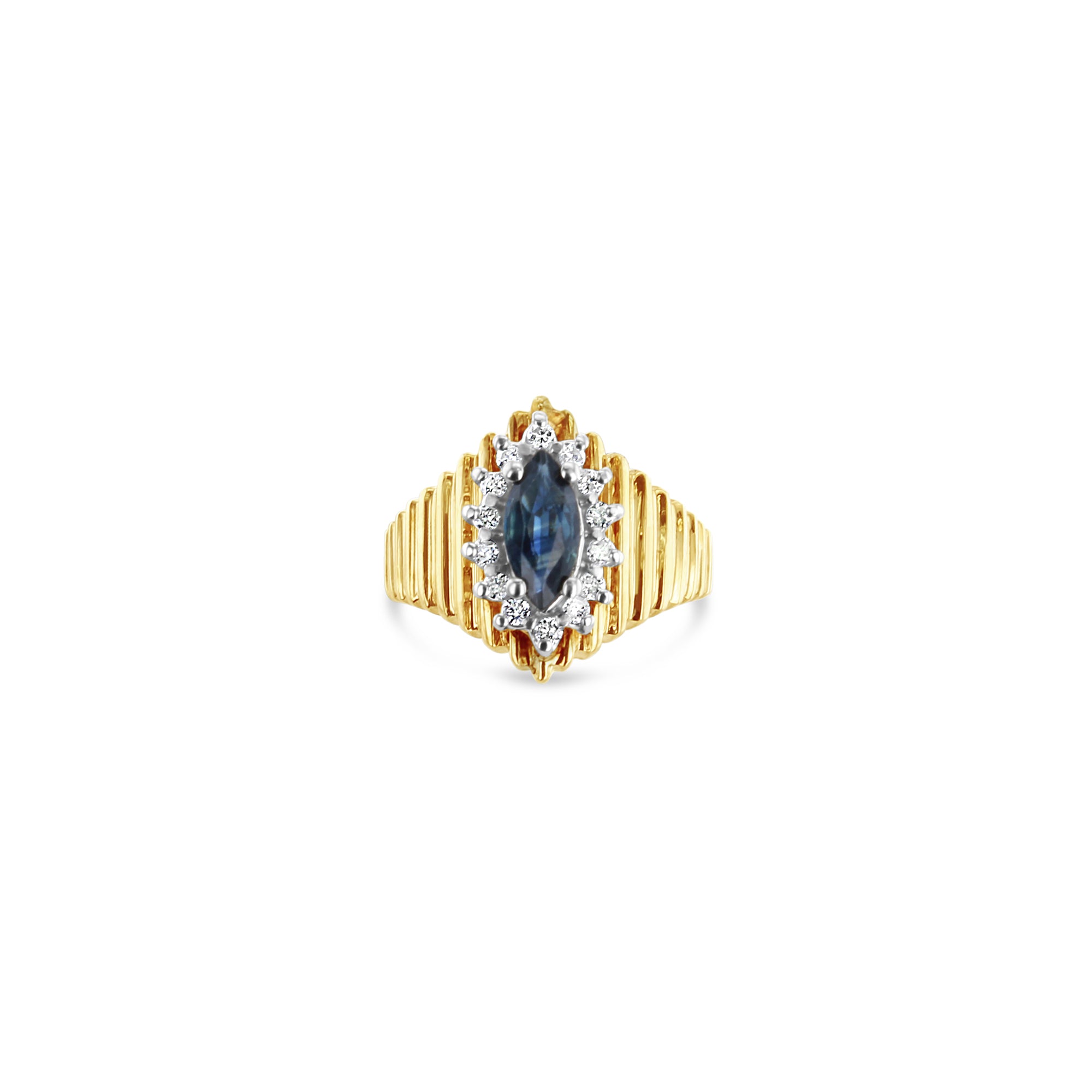 Marquise Sapphire with Diamond Halo on Unique Gold Band 14k Yellow Gold