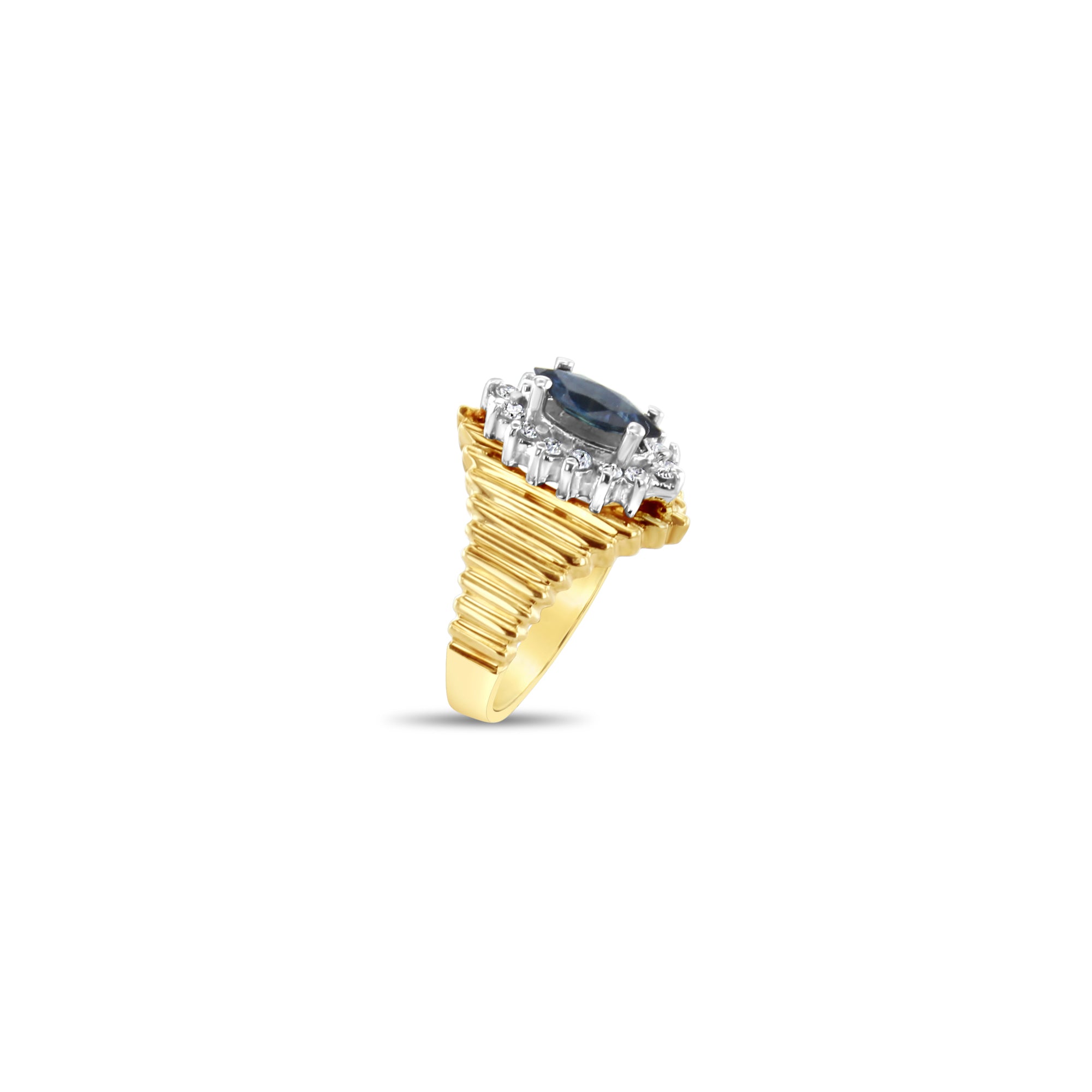 Marquise Sapphire with Diamond Halo on Unique Gold Band 14k Yellow Gold