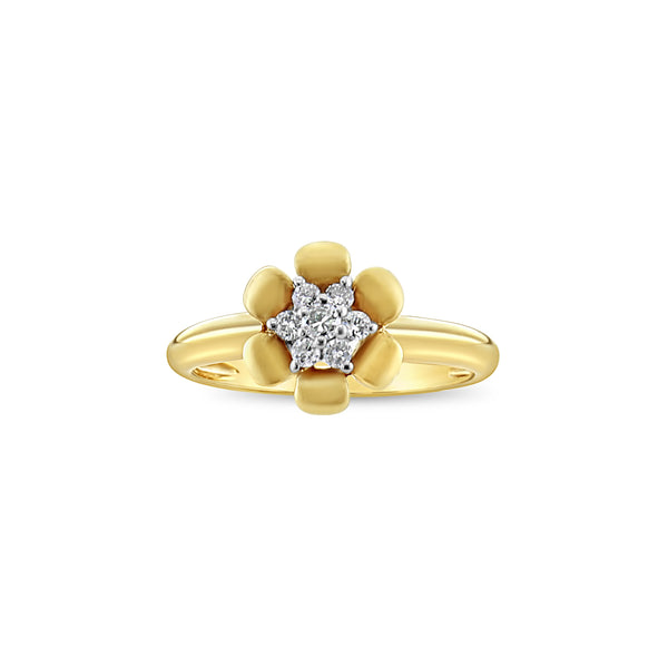 Diamond Flower Shaped Ring with Satin Finish Petals 14k Yellow Gold