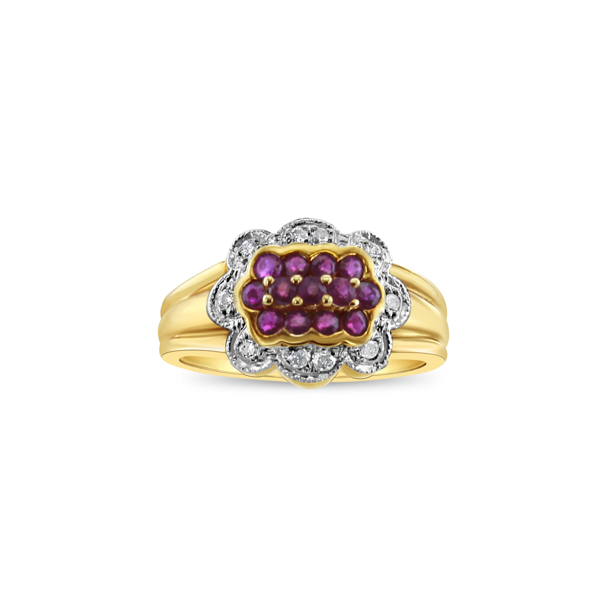 Bague pavée de rubis et de diamants 0,70 carat en or jaune 14 carats