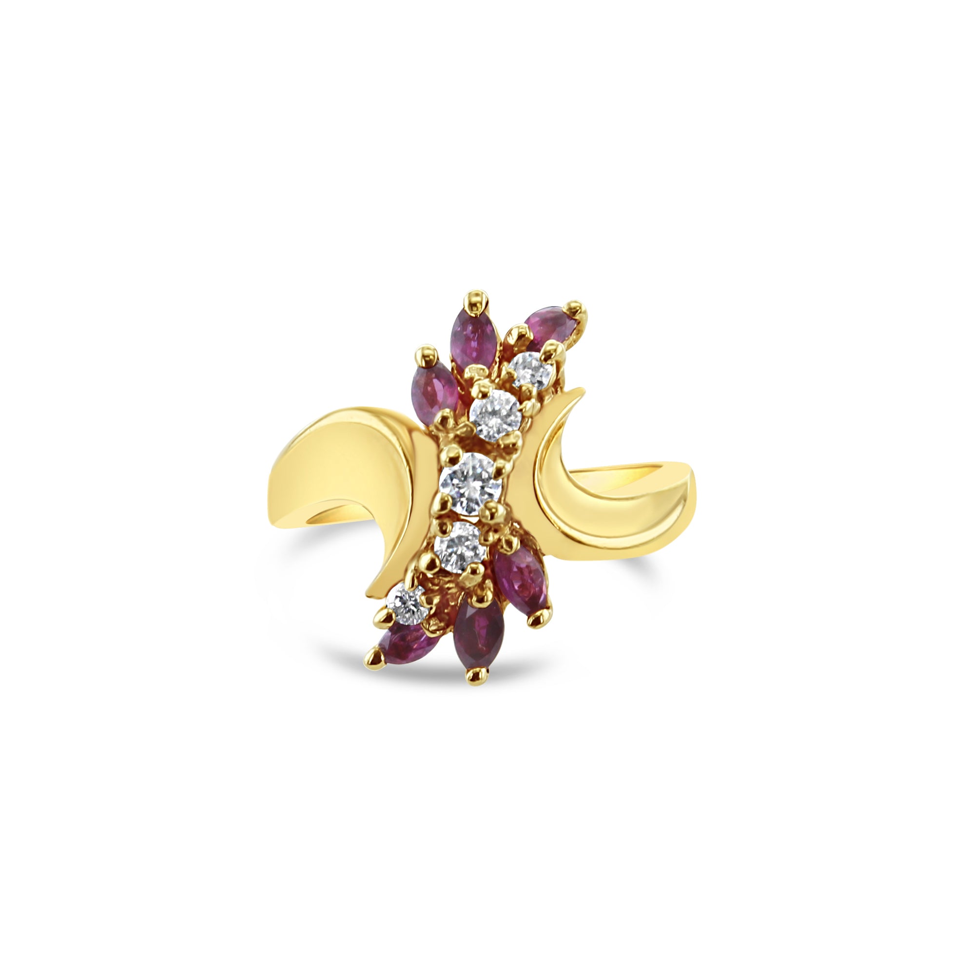 Bague à grappe verticale en or jaune 14 carats avec rubis et diamants Marquise