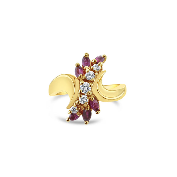 Marquise Ruby & Diamond Vertical Cluster Ring 14k Yellow Gold