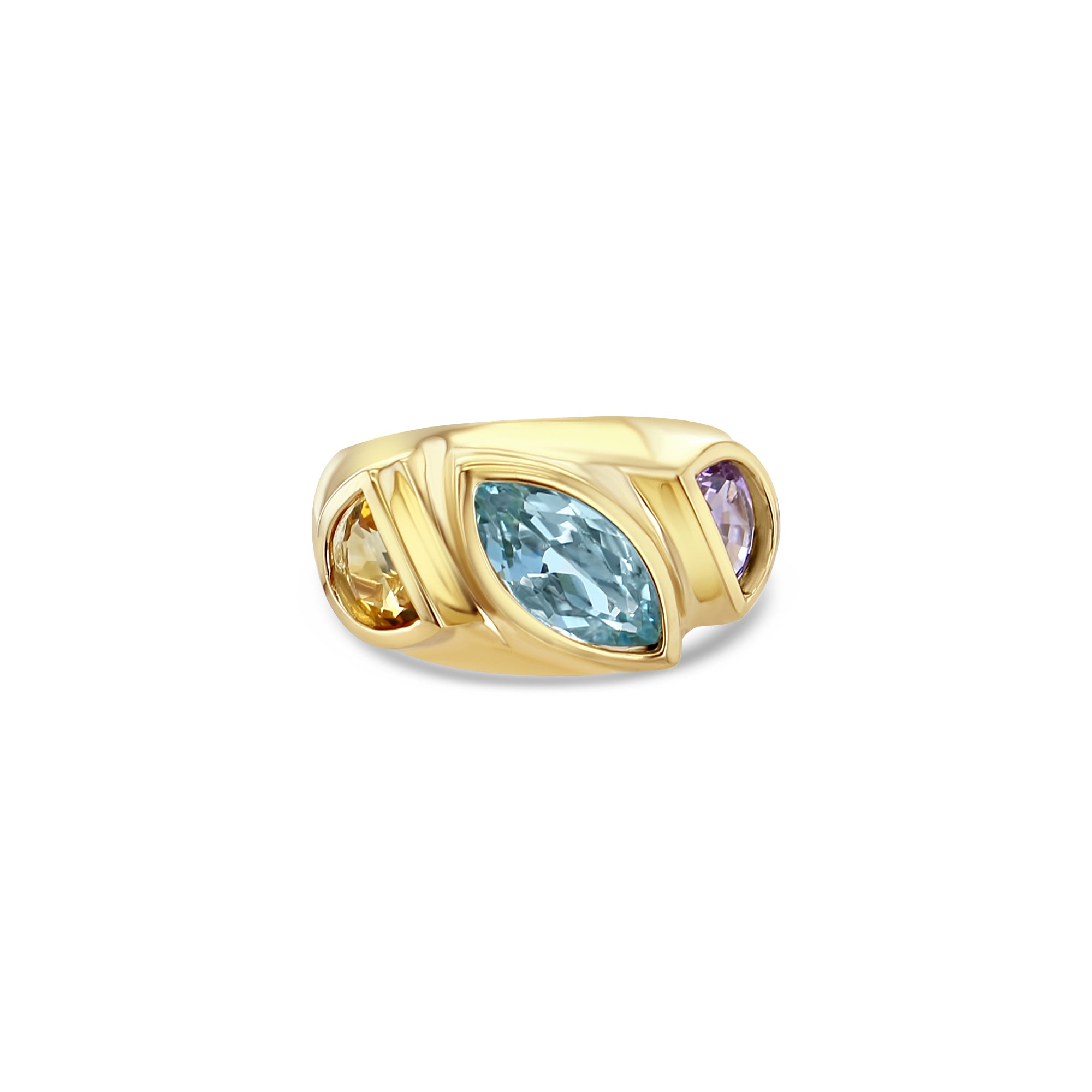 Aquamarine, Amethyst & Citrine Multi-Stone Vintage Style Ring 14k Yellow Gold